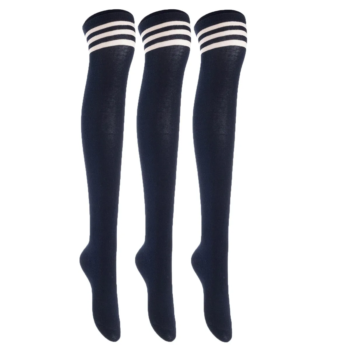 Three pairs of navy thigh-high cotton socks folded together