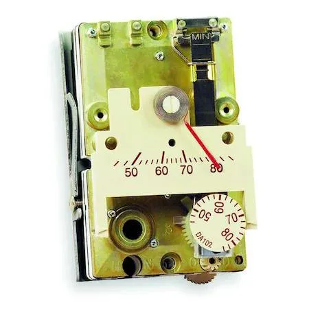 Small beige pneumatic thermostat with barb fittings and mounting plate