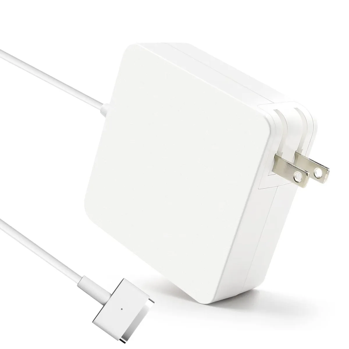 White rectangular power brick with magnetic T-tip connector and status light