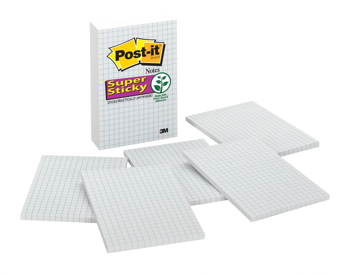 Six pads of 4 x 6 inch white grid sticky notes in assorted bright colours