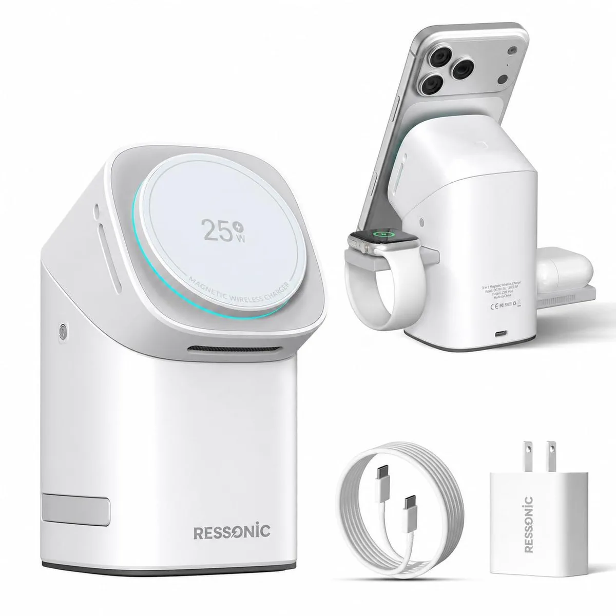 Compact black 3-in-1 wireless charging dock with magnetic phone pad, watch stand and earbuds base