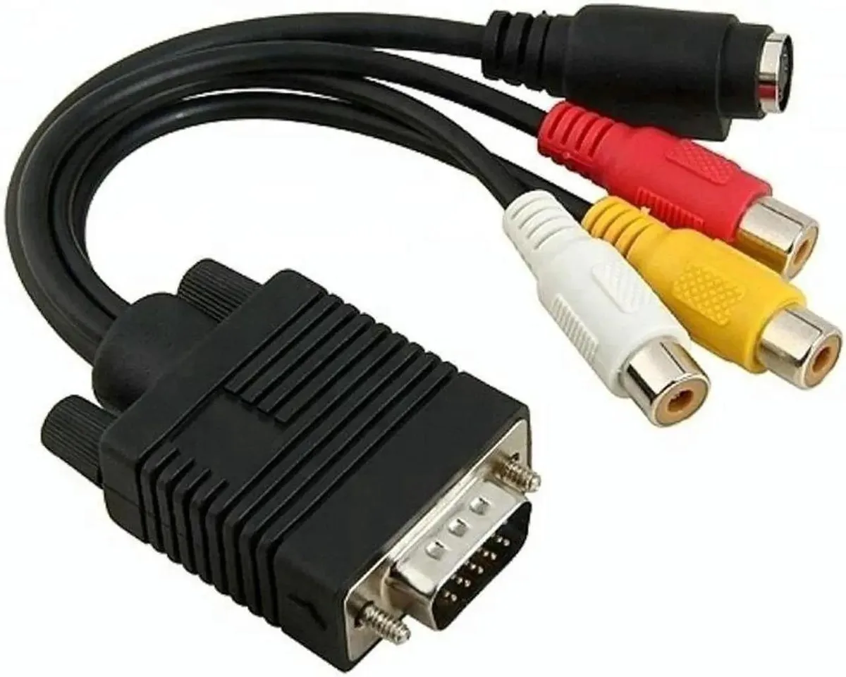 Short black adapter cable with 15-pin VGA male plug on one end, three RCA female jacks and an S-Video female port on the other