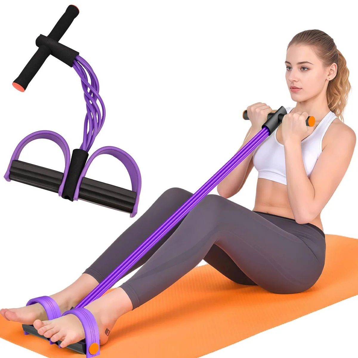 Purple six-tube resistance band with foam handles and foot pedals, 17.0 by 10.0 inches