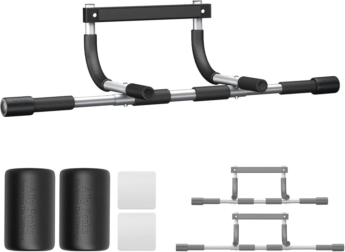 Silver telescopic steel bar with black foam grips and silicone door pads