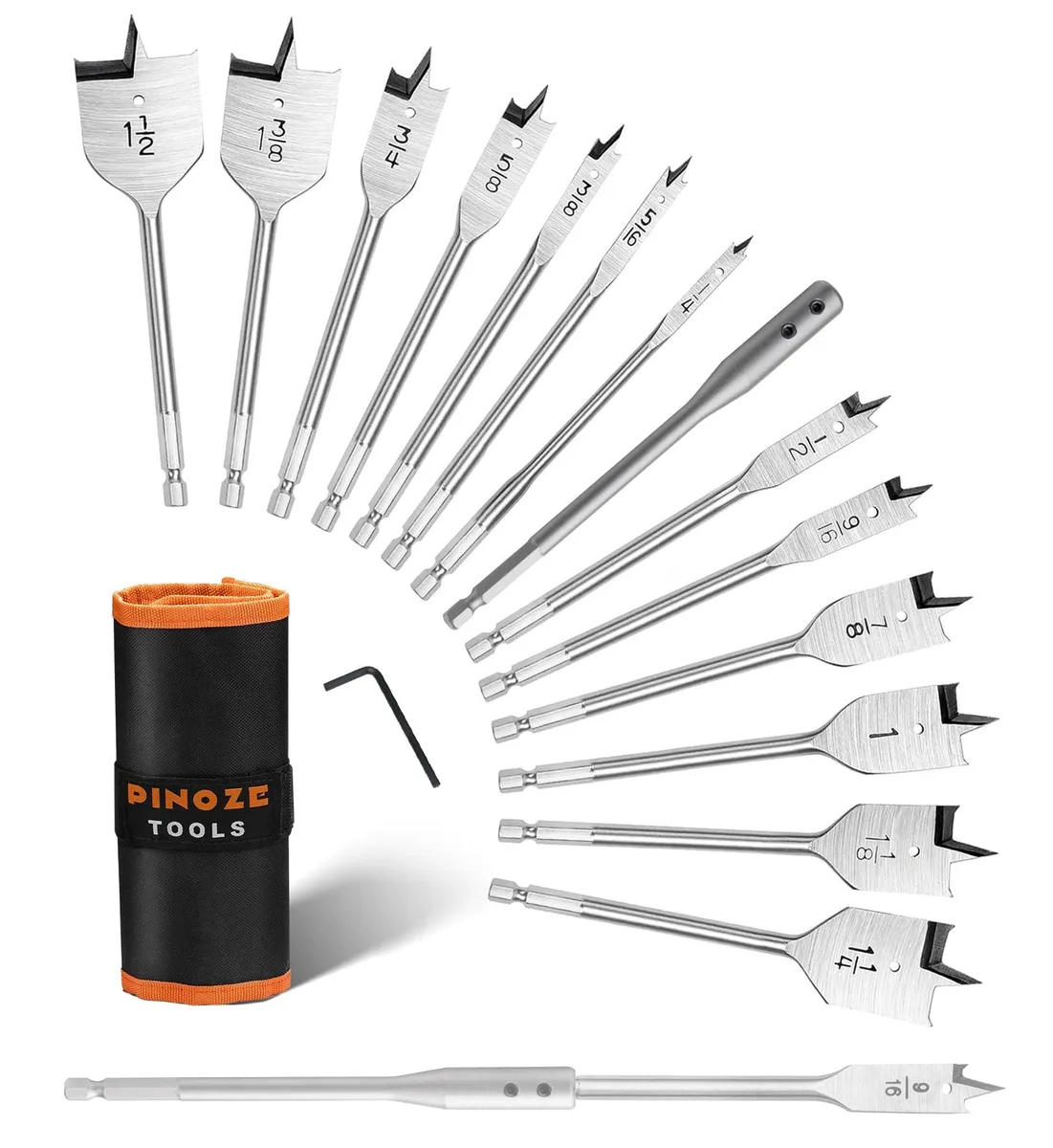Fourteen spade bits with hex shanks, six-inch extension rod, nylon storage pouch