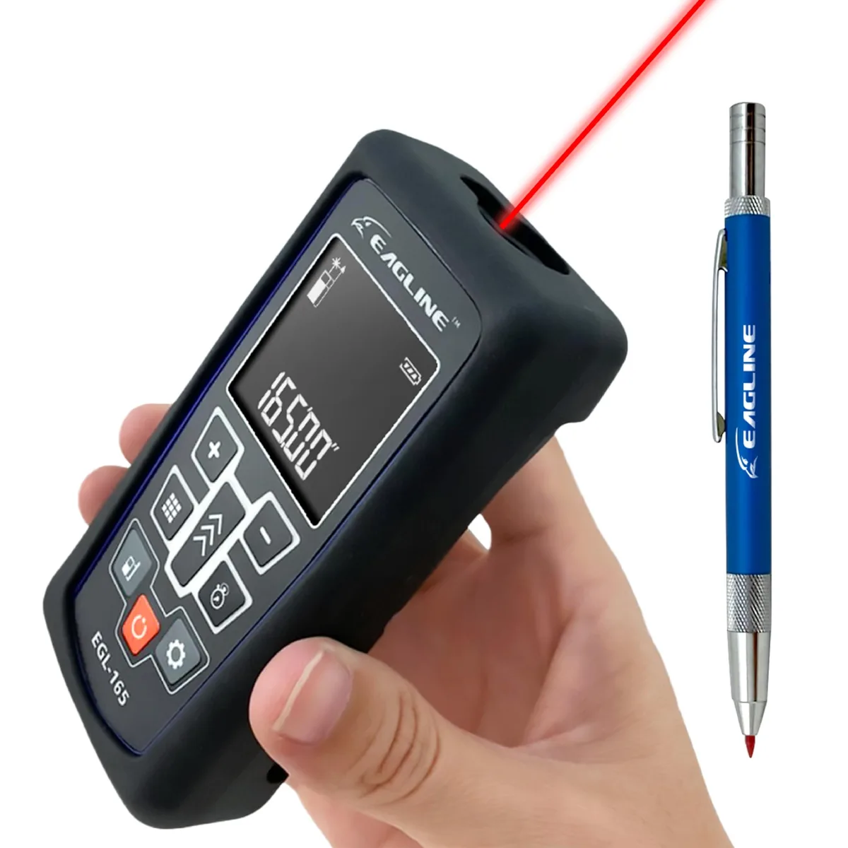 Compact laser distance measure in ocean blue with rubberised grip and LCD screen, 165 ft range