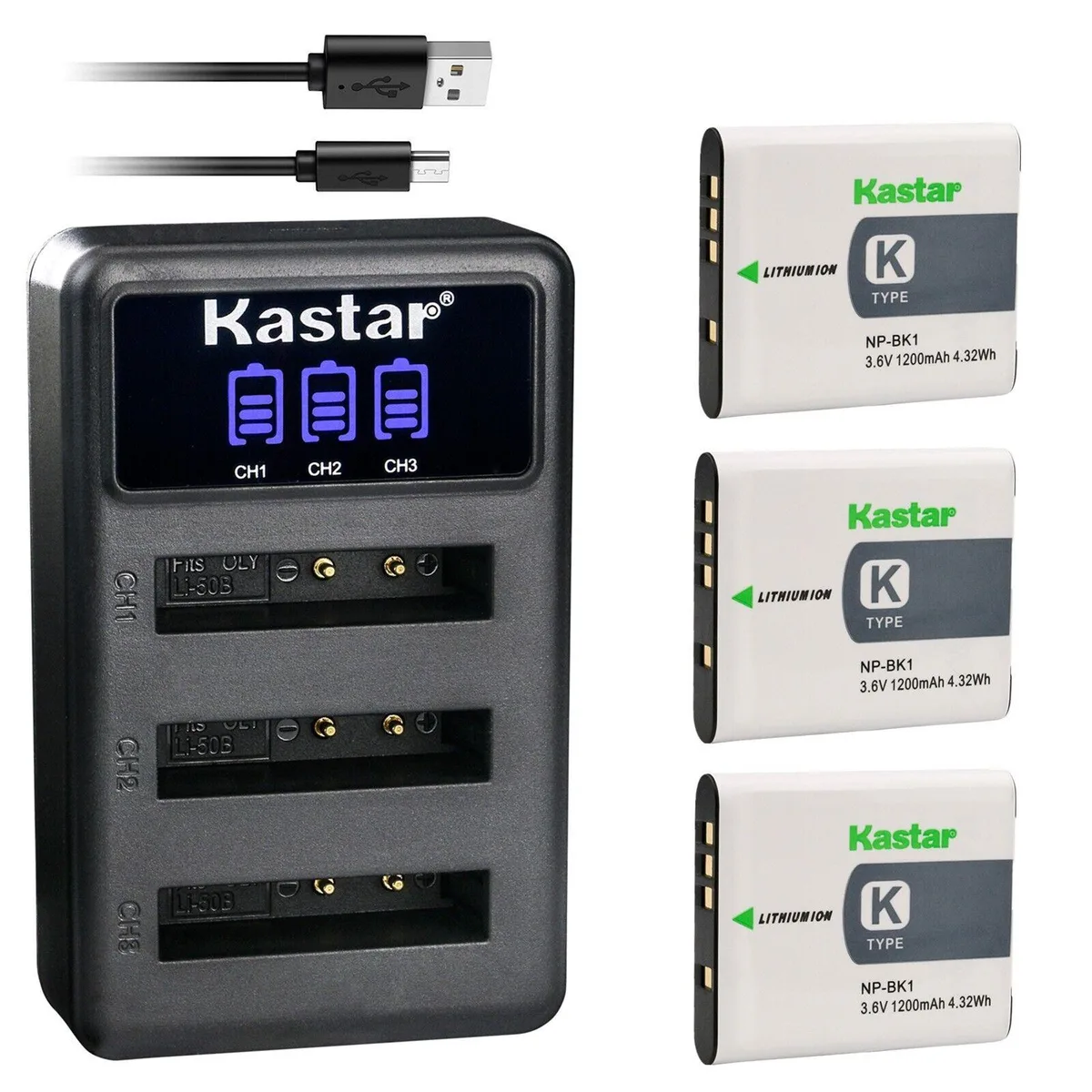 Kastar Kastar NP-BK1 3 Pack Battery &amp; LCD Triple USB Charger 1200mAh 3.6V 4.32Wh — product photo