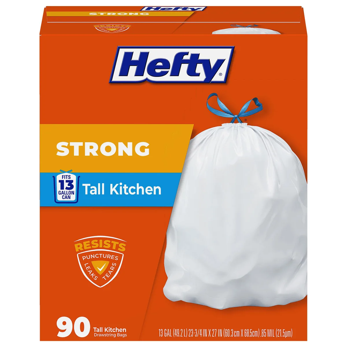 Box of 90 white 13-gallon drawstring kitchen trash bags
