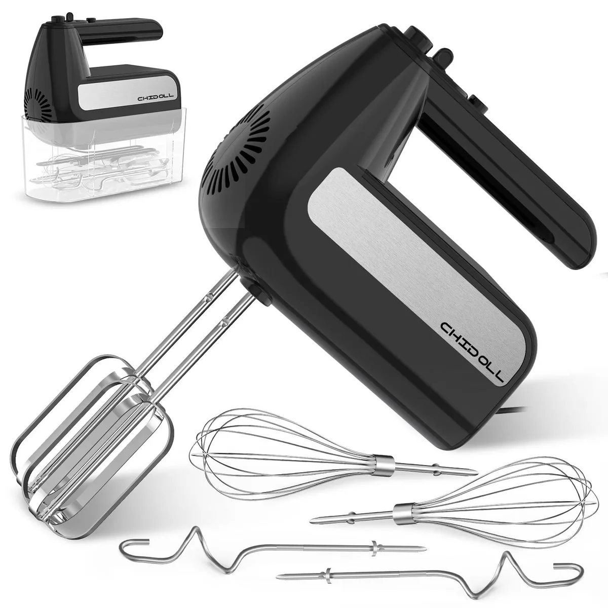 5-Speed Electric Hand Mixer 800W Black with Storage Case & 6 Attachments — product photo