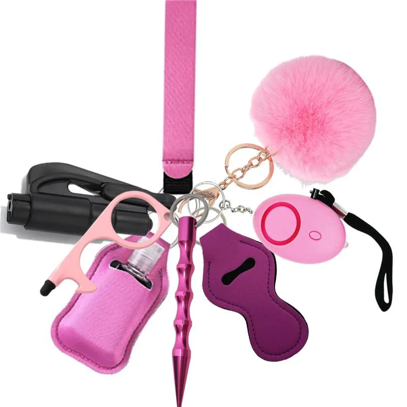 PUEZOKLY PUEZOKLY Self Defense Keychain Set Pink 9pcs 130db Alarm 30ml Bottle 2.75in Pom Pom — product photo