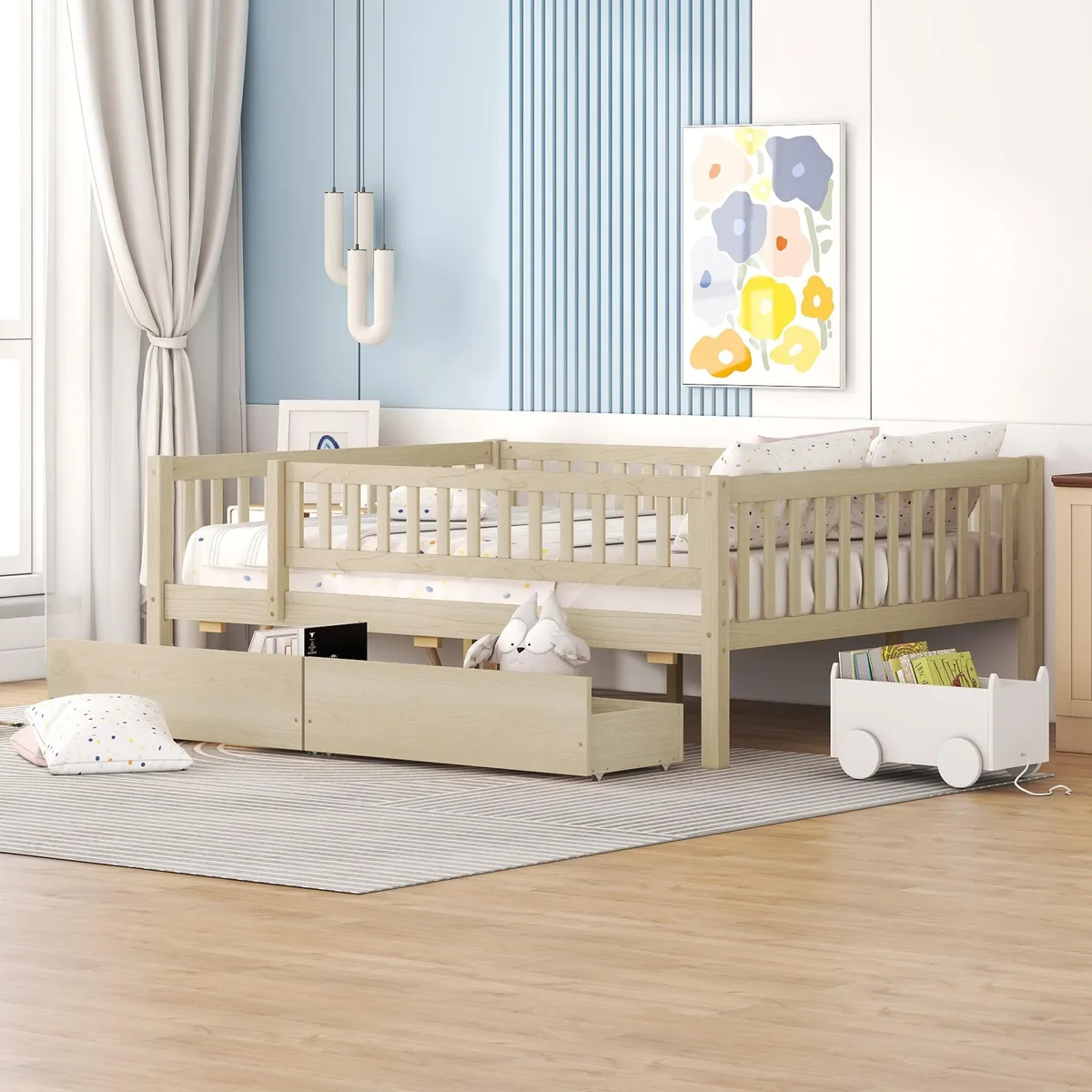Natural solid wood full size daybed frame with two front drawers and slatted base