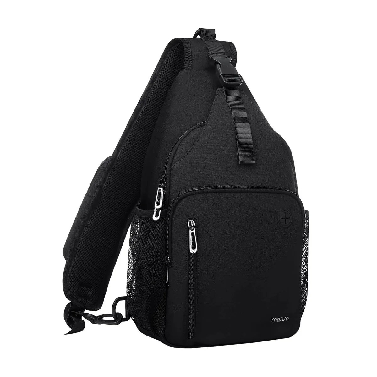 Black polyester sling backpack with front square pocket and USB port