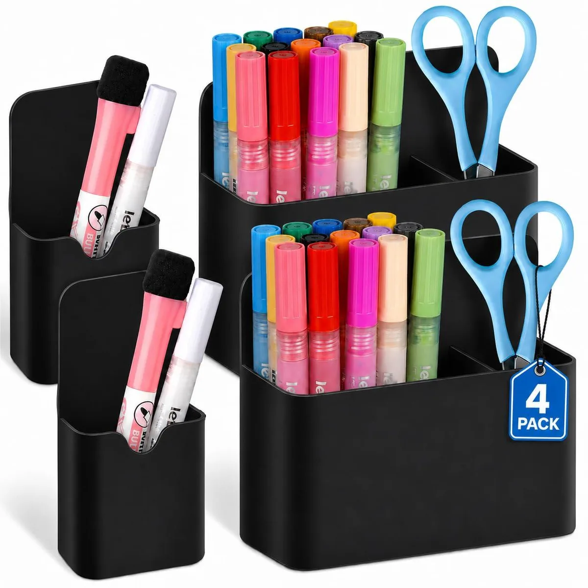 Four small black magnetic pen holders with smooth finish and adjustable dividers