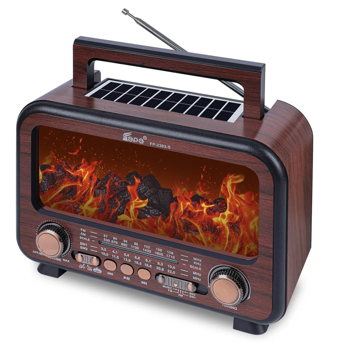  T.TAOMI Flame1 AM FM SW Shortwave Radio Bluetooth Flame Lamp Dark Brown — product photo