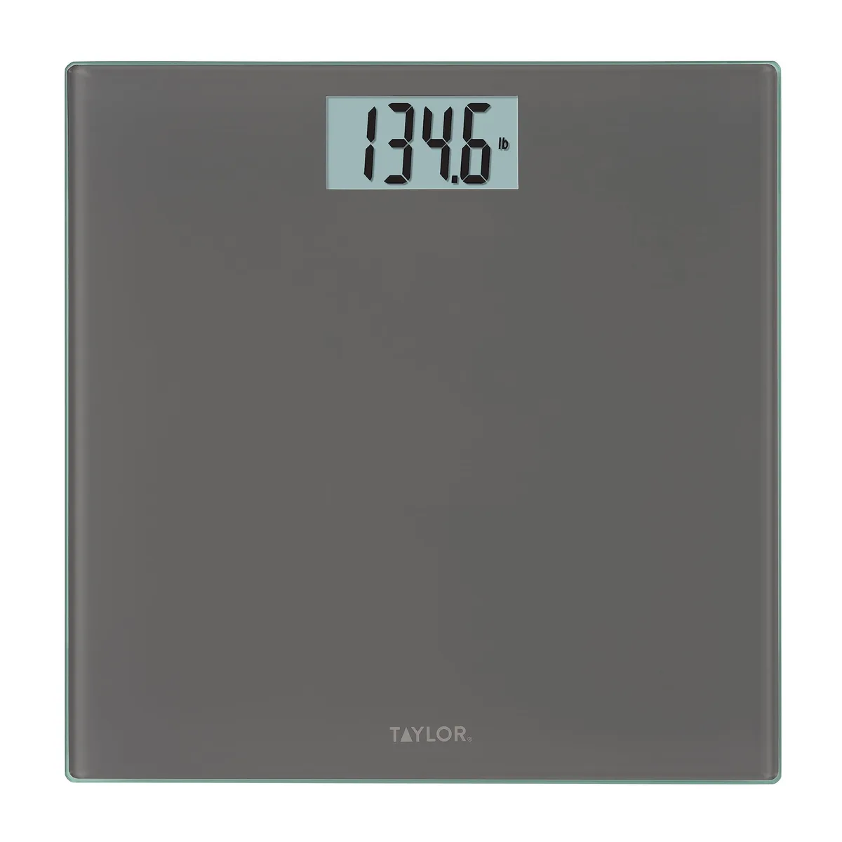 Square charcoal-grey tempered glass scale with a large digital display, 11.8 inches wide