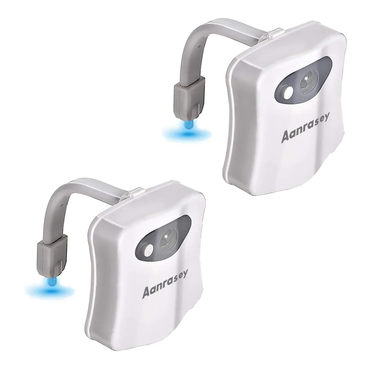 Two white plastic toilet night lights with flexible arms, motion sensor and LED glow
