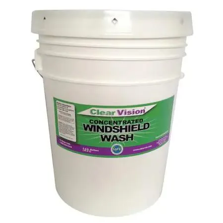 Blue 5 gal pail of Clear Vision windshield washer fluid