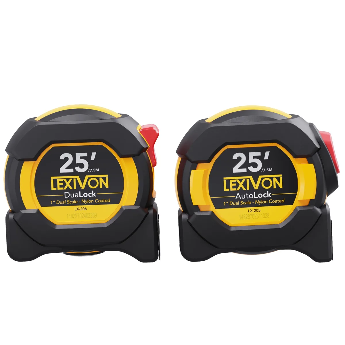 Two yellow tape measures with rubberised cases and wide blades