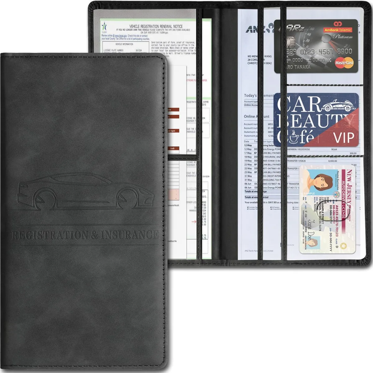 Black leather wallet-style document holder with magnetic closure, shown open revealing multiple card slots and document pockets