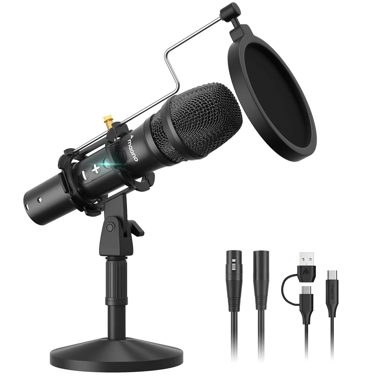 Black MAONO HD300T dynamic microphone kit with shock mount and pop filter