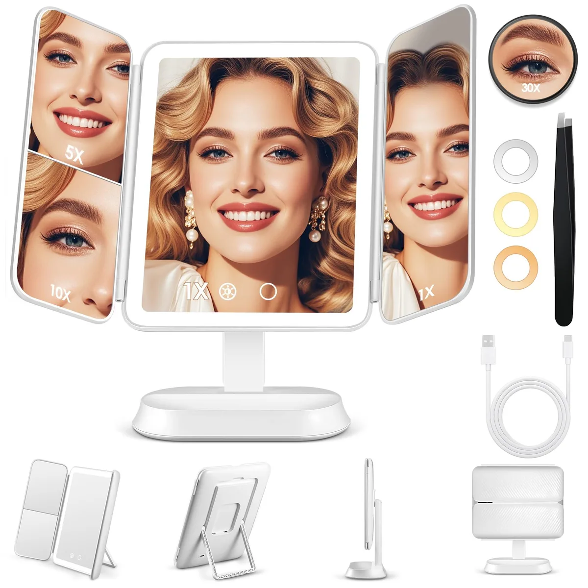  GOMIPURU 12"x7" Trifold Makeup Mirror 30X/10X/5X/1X 80 LED 2000mAh Rechargeable Detachable 5X-White — product photo