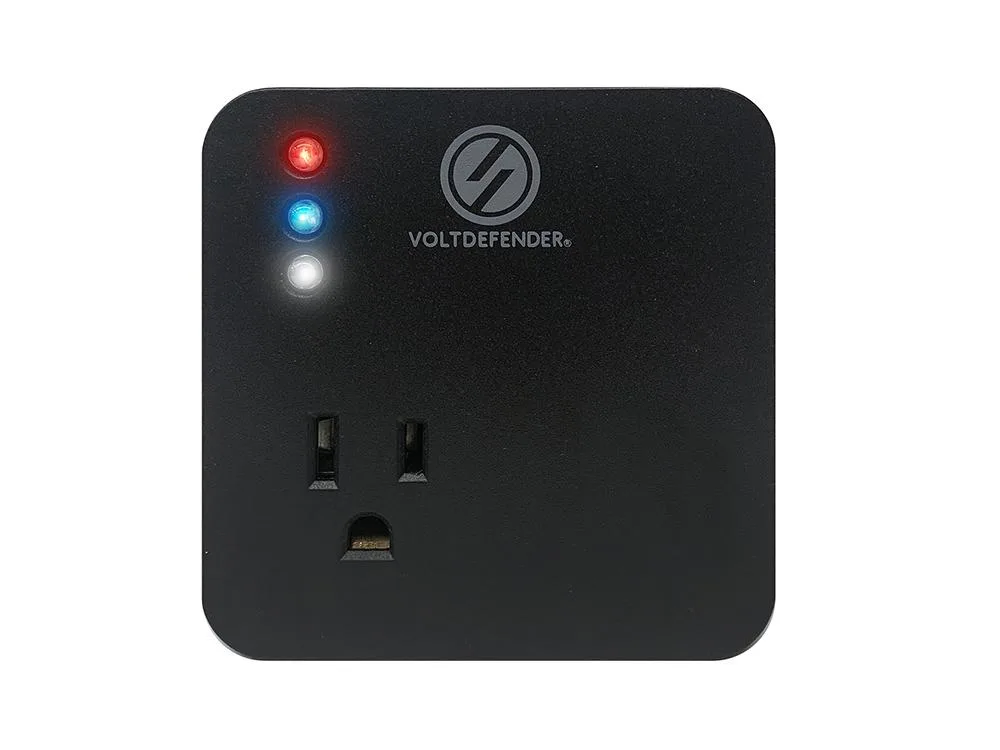 Black VOLTDEFENDER VP-1 voltage protector with three LED indicator lights and single outlet