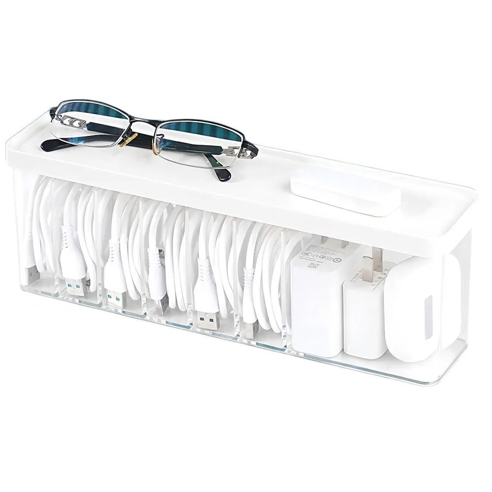Rectangular plastic cable box with flip-top lid, smooth edges, matte finish