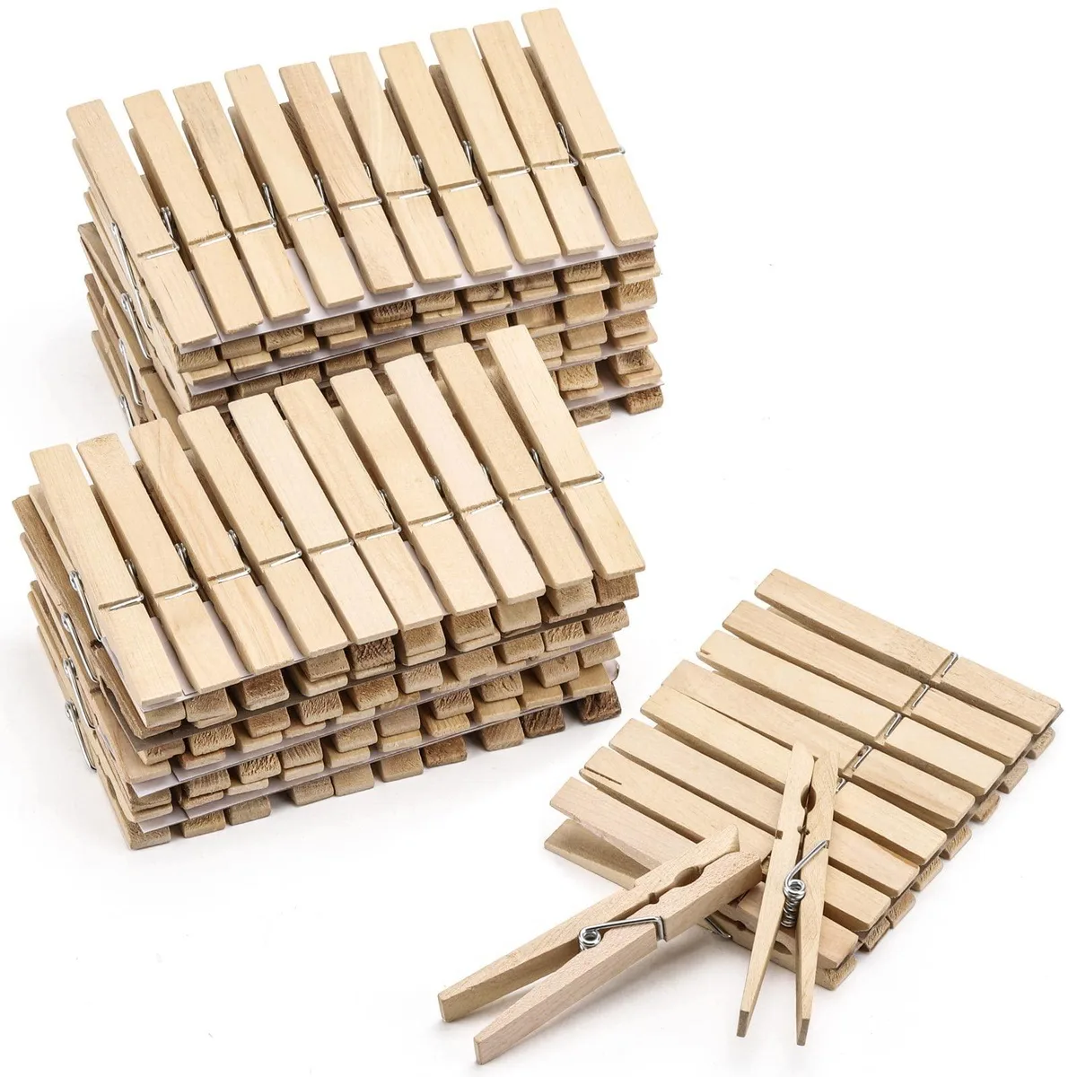 A bundle of one hundred four-inch wooden clothespins with metal springs