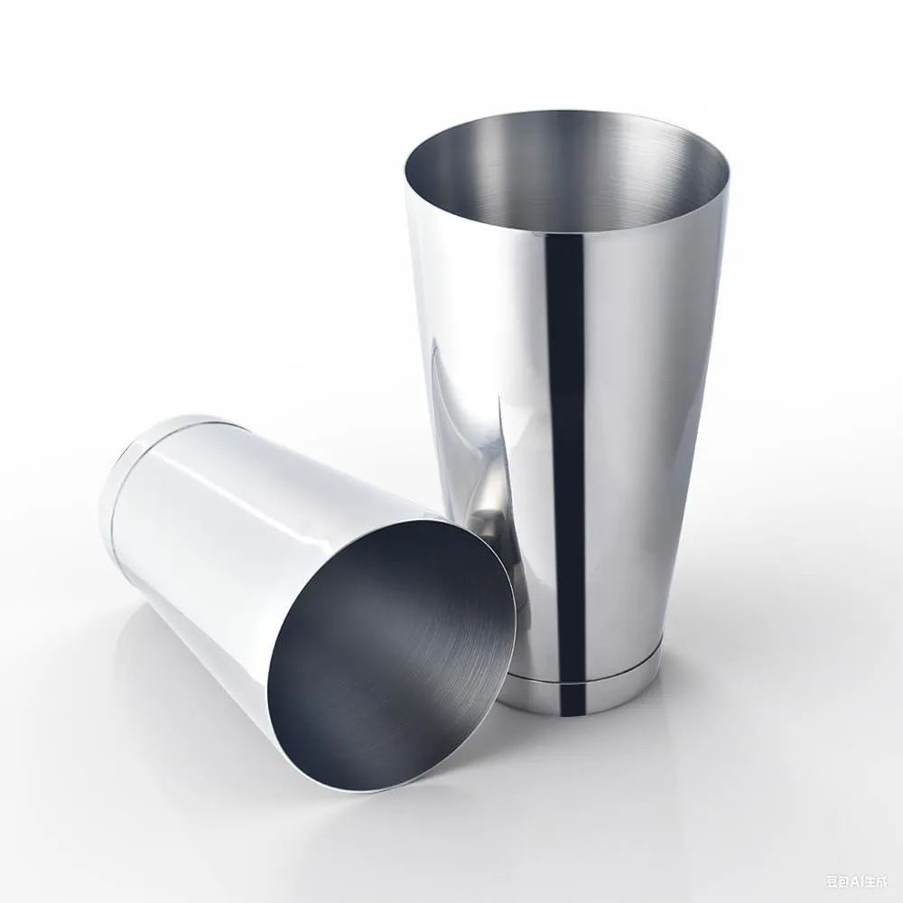 Silver stainless steel cobbler shaker set with lid, strainer cap, jigger and bar spoon