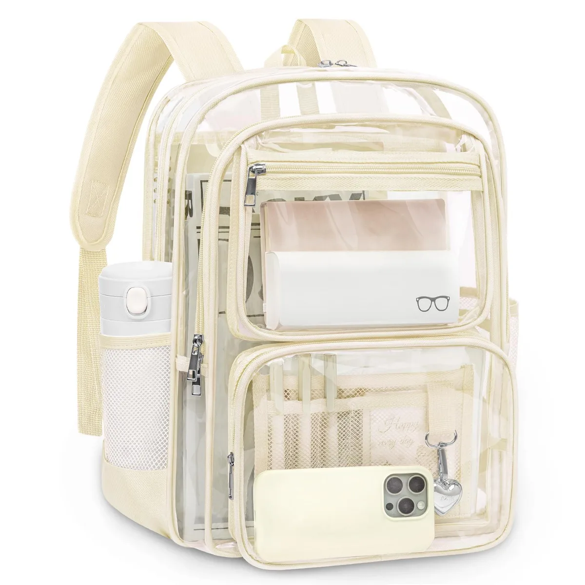 Transparent beige PVC backpack with padded straps and laptop sleeve