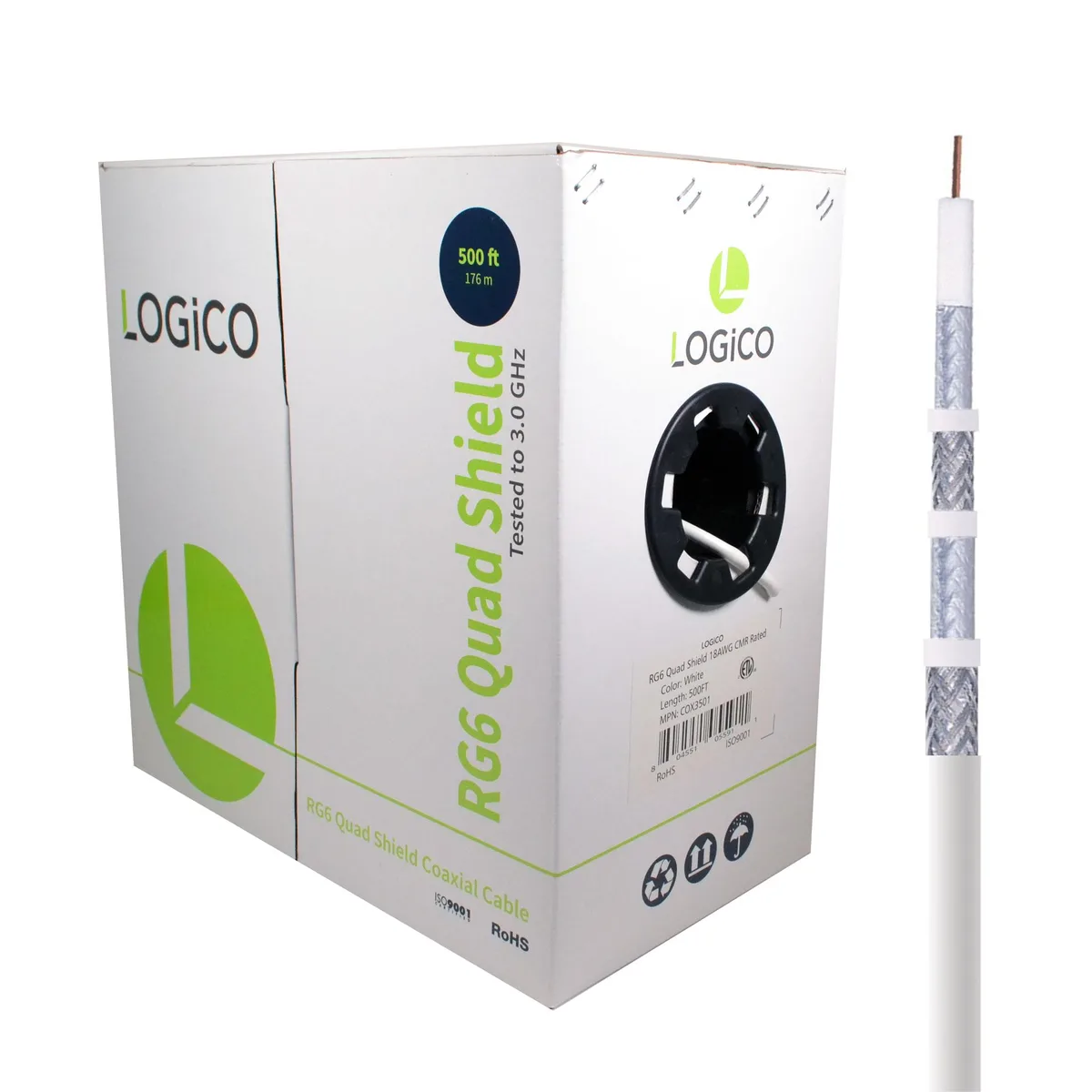 Logico Logico COX3501 RG6 Quad Shield Coaxial Cable 18AWG 1000ft White — product photo