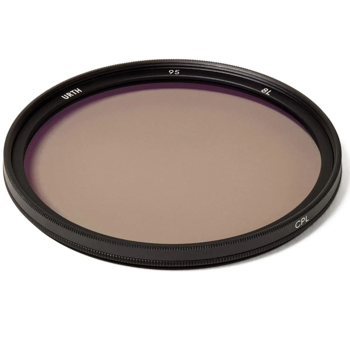A thin 95mm circular polarising filter with a slim silver magnalium rim and clear coated glass