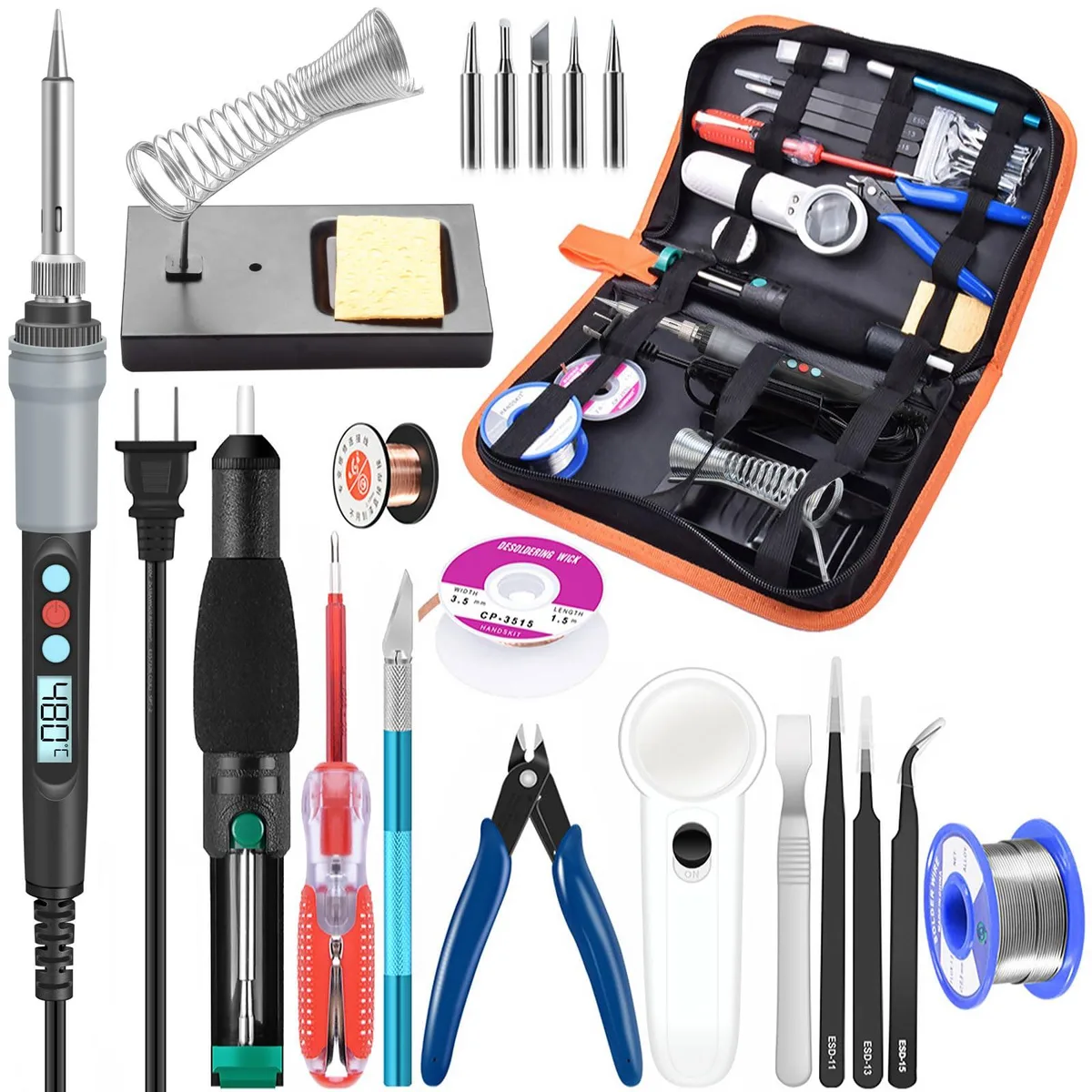 A 90W digital soldering iron with LCD, stand, tips, pump, magnifier, tweezers, solder wire and PU carry bag