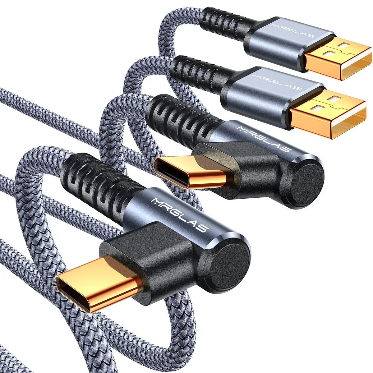 Two grey nylon-braided USB-A to USB-C cables with right-angle connectors, 3.3 ft each