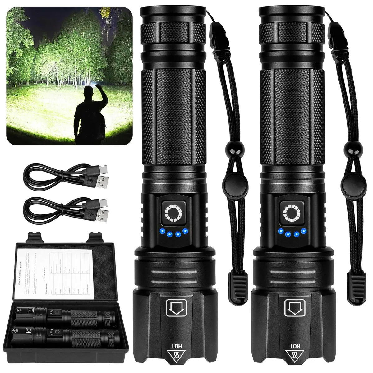 Two black handheld flashlights with textured grip and adjustable focus rings