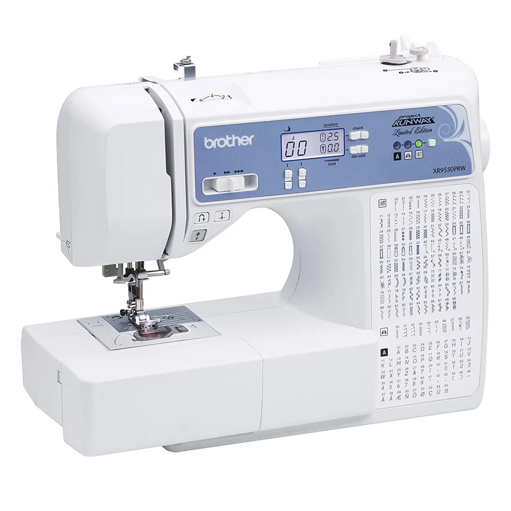 Brother XR9550 computerized sewing machine in white with large backlit LCD display and wide extension table