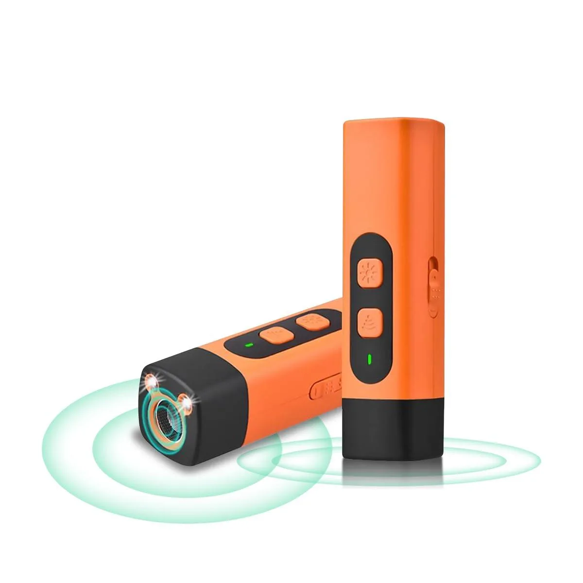 Orange handheld ultrasonic bark deterrent with LED flashlight