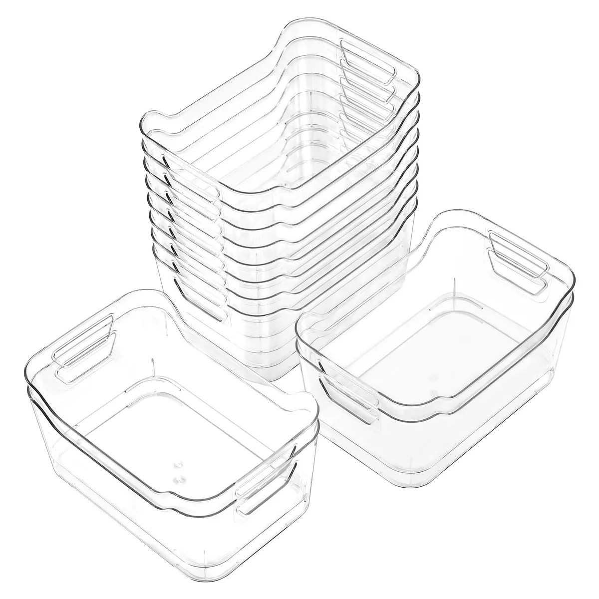 Twelve clear plastic storage bins with handles, 9.84 by 6.5 by 4.1 inches