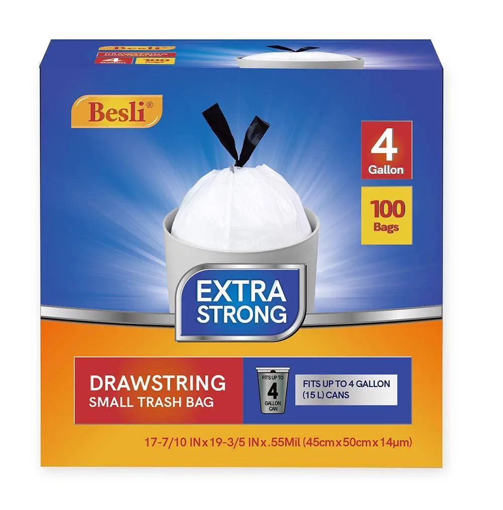 White drawstring trash bag roll in a dispensing box, 100 count, .55 mil HDPE