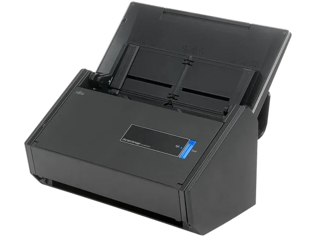 White rectangular desktop document scanner with paper feed tray open, USB 3.0 and Wi-Fi labels visible