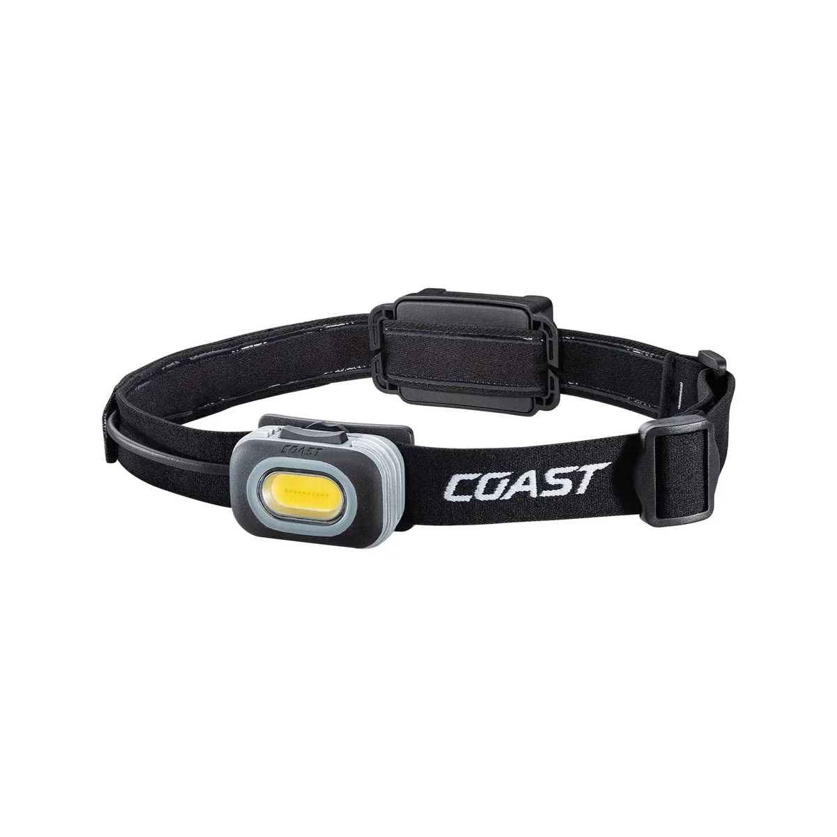 Black headlamp with adjustable dial, red rear light, non-slip strap, compact rectangular body