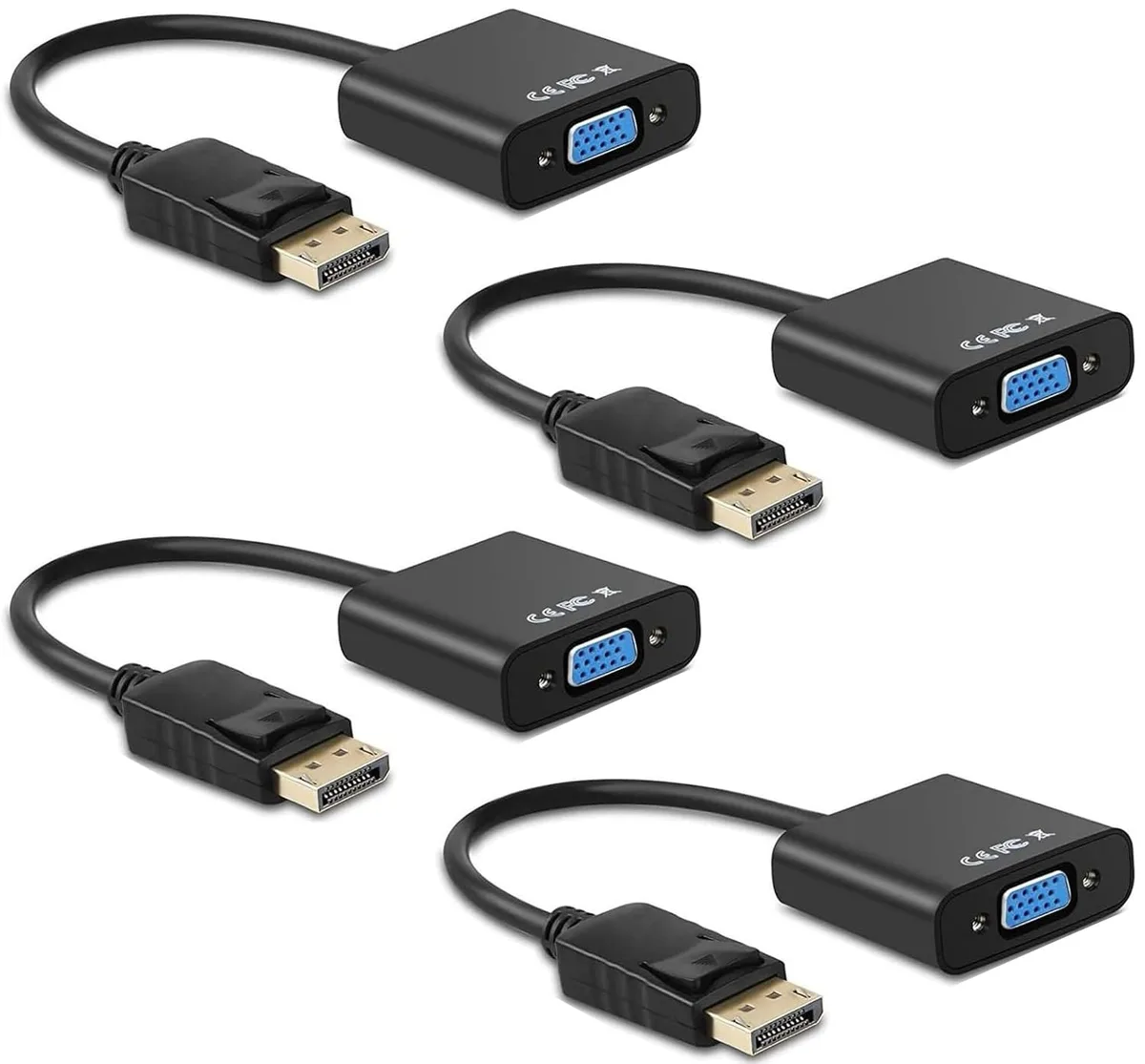 Black DisplayPort male to VGA female adapter, compact dongle with gold-plated connector