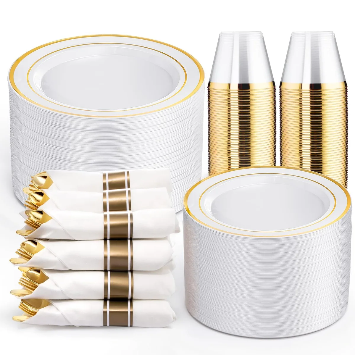 Gold disposable dinnerware set in bulk packaging for 50 guests
