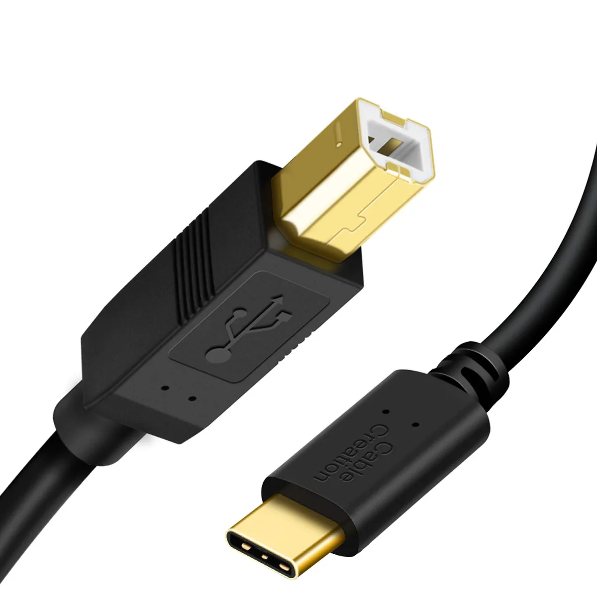 Black USB-C to USB-B cable, 6.6 ft, male-to-male connectors
