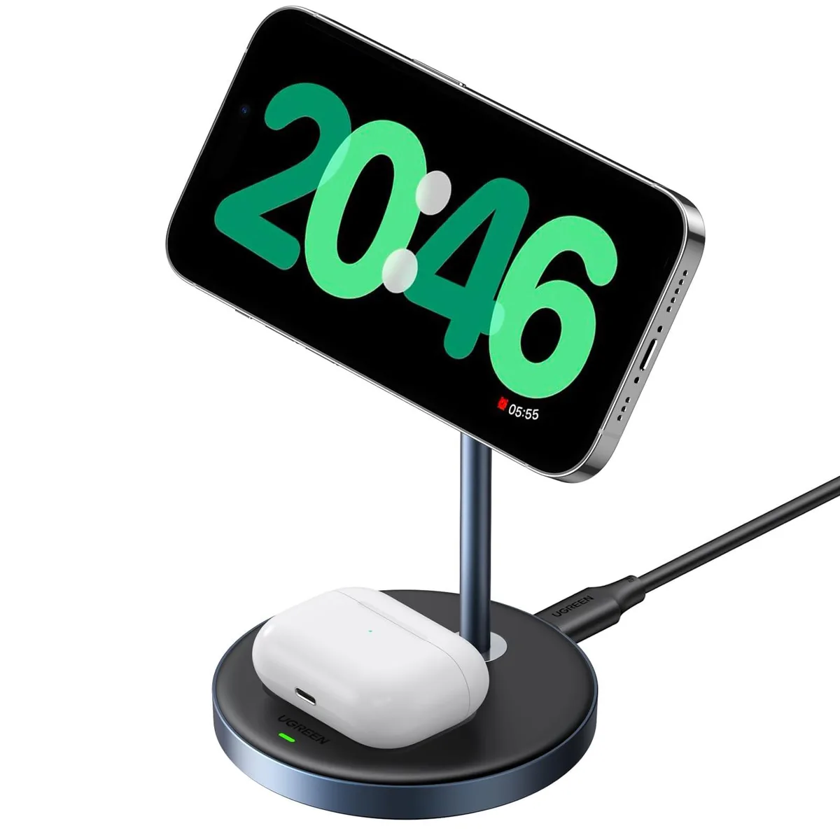 Black UGREEN MagFlow 2-in-1 wireless charging stand with adjustable ball joint for iPhone and AirPods