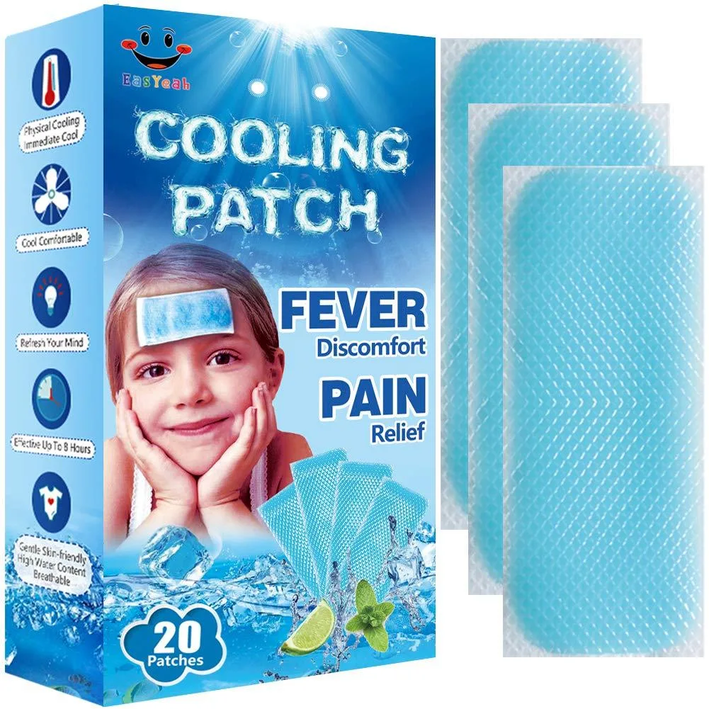 Blue rectangular cooling gel patches in a pack of 20