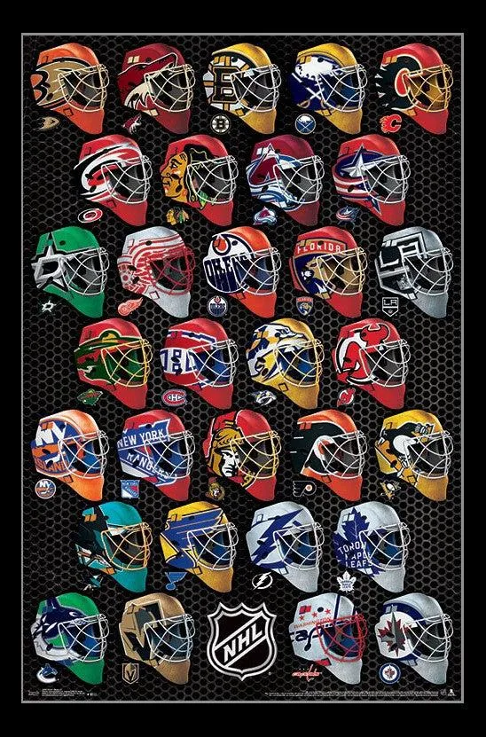 Poster print showing NHL goalie masks, 22 by 34 inches, rolled in tube