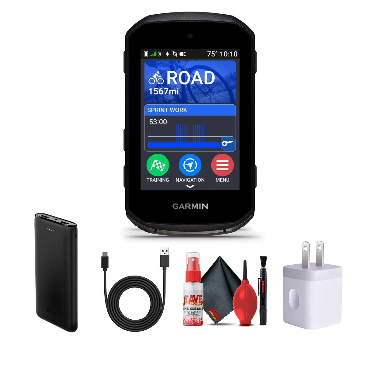 Compact GPS cycling computer bundle with power bank, charger, cable and cleaning kit