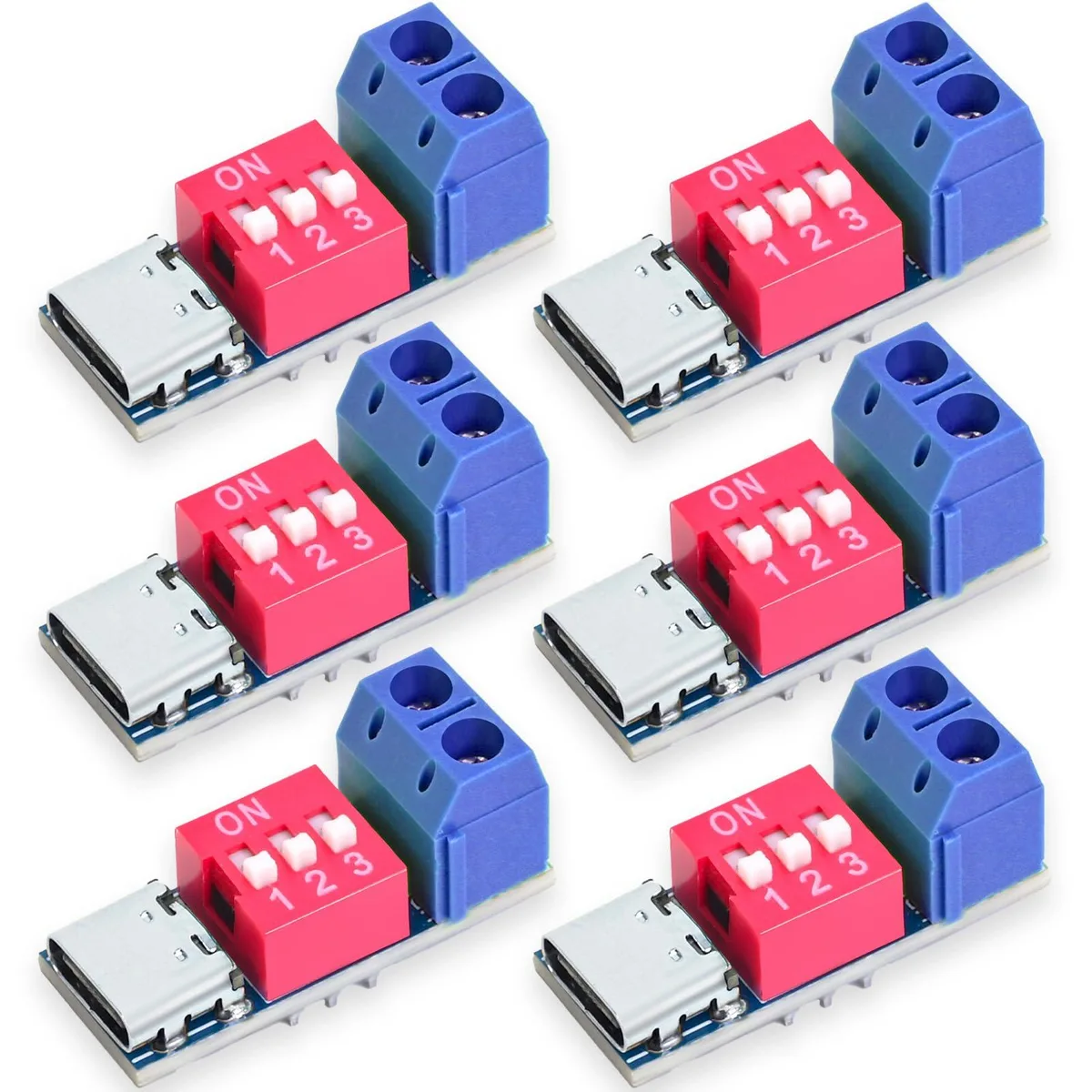 Six small green circuit boards with USB-C ports and DIP switches