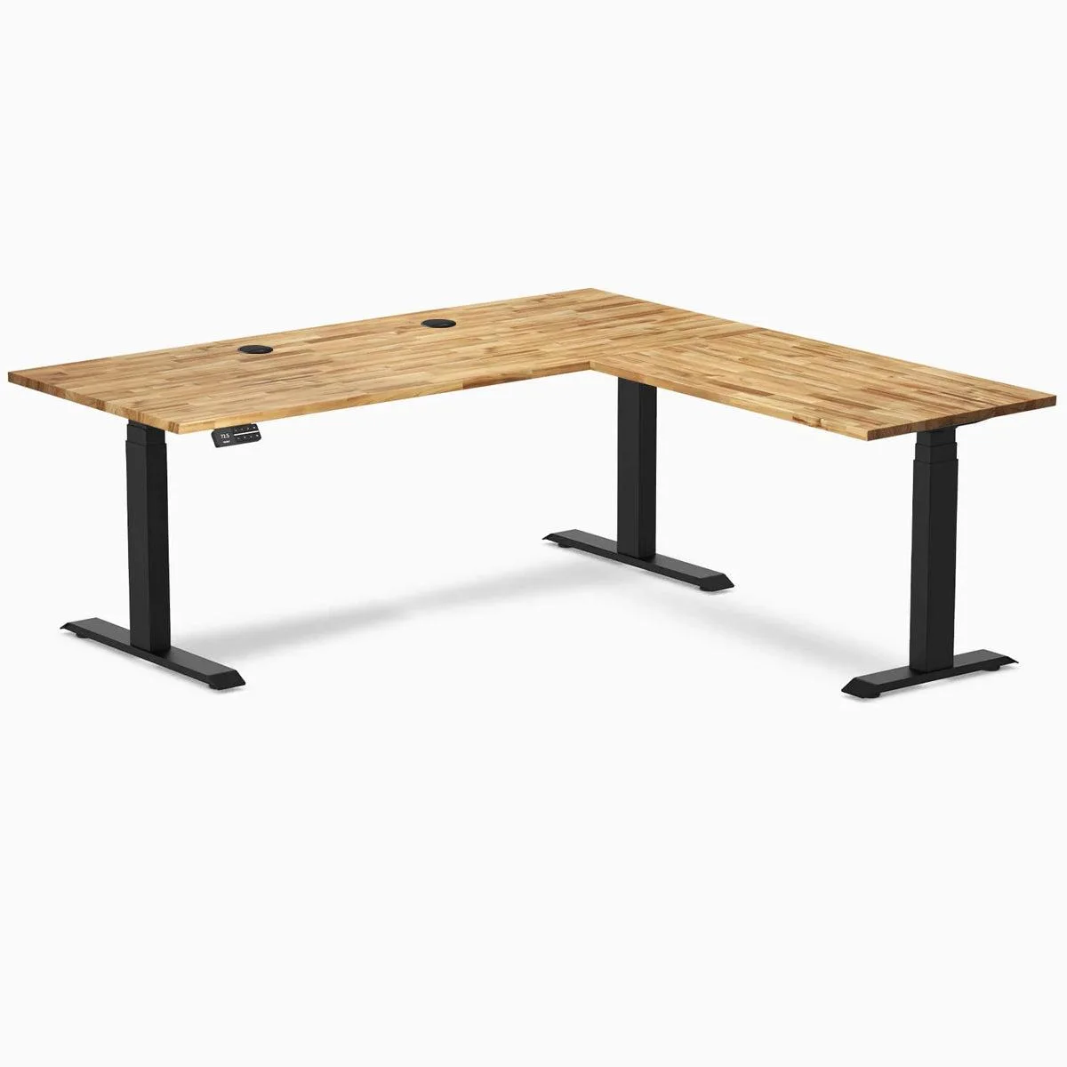 Desky Desky Hardwood L-Shape Sit Stand Desk Acacia 72 x 30 x 70 x 24 in Matte Black — product photo